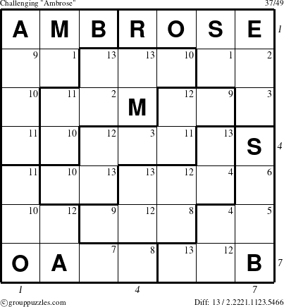 The grouppuzzles.com Challenging Ambrose puzzle for , suitable for printing, with all 13 steps marked