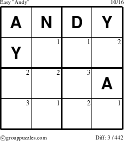 The grouppuzzles.com Easy Andy puzzle for  with the first 3 steps marked