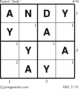 The grouppuzzles.com Easiest Andy puzzle for , suitable for printing, with all 2 steps marked