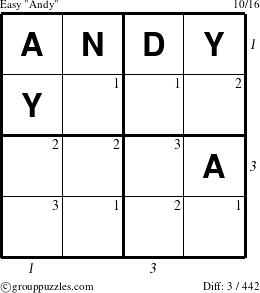 The grouppuzzles.com Easy Andy puzzle for , suitable for printing, with all 3 steps marked