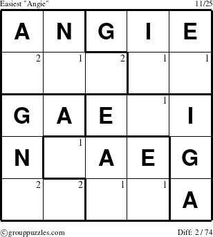 The grouppuzzles.com Easiest Angie puzzle for  with the first 2 steps marked