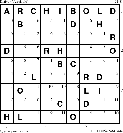 The grouppuzzles.com Difficult Archibold puzzle for  with all 11 steps marked