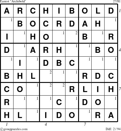 The grouppuzzles.com Easiest Archibold puzzle for , suitable for printing, with all 2 steps marked