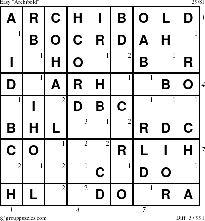 The grouppuzzles.com Easy Archibold puzzle for , suitable for printing, with all 3 steps marked