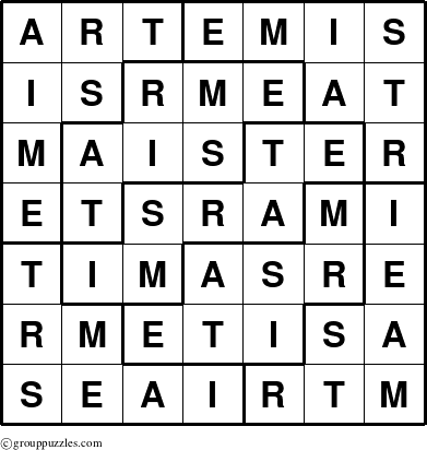 The grouppuzzles.com Answer grid for the Artemis puzzle for 