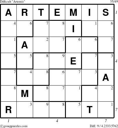 The grouppuzzles.com Difficult Artemis puzzle for , suitable for printing, with all 9 steps marked