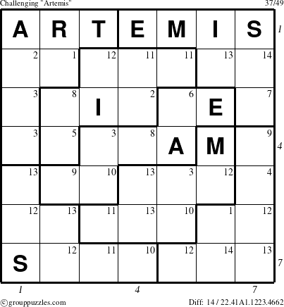 The grouppuzzles.com Challenging Artemis puzzle for , suitable for printing, with all 14 steps marked