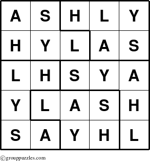 The grouppuzzles.com Answer grid for the Ashly puzzle for 