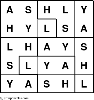 The grouppuzzles.com Answer grid for the Ashly puzzle for 