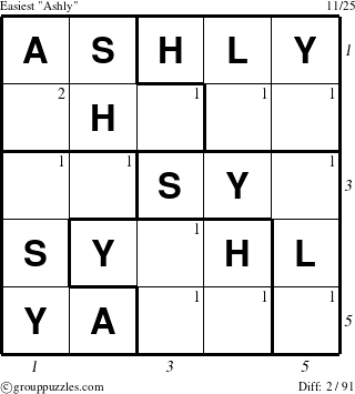 The grouppuzzles.com Easiest Ashly puzzle for , suitable for printing, with all 2 steps marked