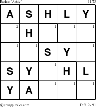 The grouppuzzles.com Easiest Ashly puzzle for  with the first 2 steps marked