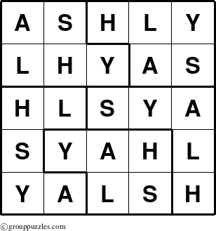 The grouppuzzles.com Answer grid for the Ashly puzzle for 