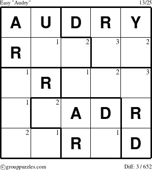 The grouppuzzles.com Easy Audry puzzle for  with the first 3 steps marked