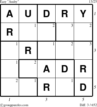 The grouppuzzles.com Easy Audry puzzle for , suitable for printing, with all 3 steps marked