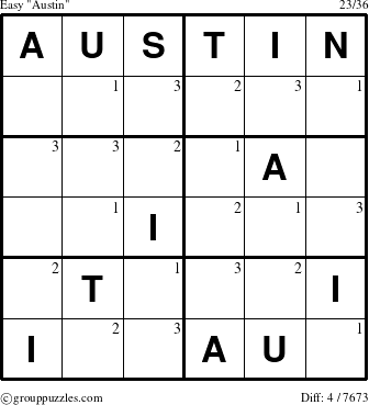 The grouppuzzles.com Easy Austin puzzle for  with the first 3 steps marked