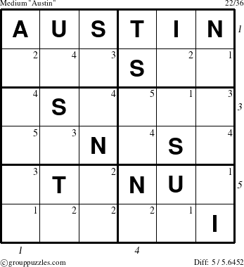 The grouppuzzles.com Medium Austin puzzle for , suitable for printing, with all 5 steps marked