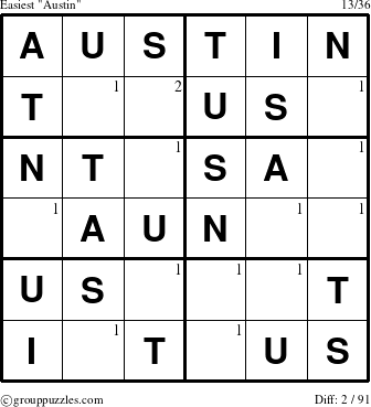 The grouppuzzles.com Easiest Austin puzzle for  with the first 2 steps marked