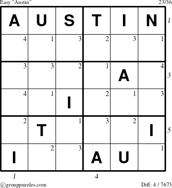 The grouppuzzles.com Easy Austin puzzle for , suitable for printing, with all 4 steps marked