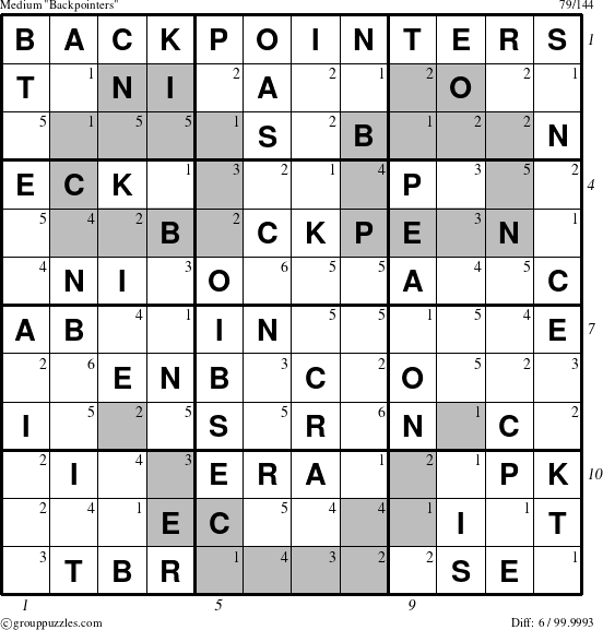 The grouppuzzles.com Medium Backpointers puzzle for  with all 6 steps marked
