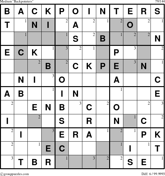 The grouppuzzles.com Medium Backpointers puzzle for  with the first 3 steps marked