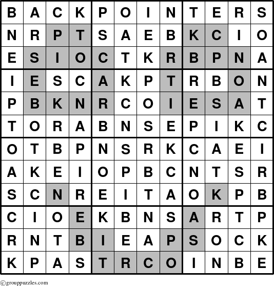 The grouppuzzles.com Answer grid for the Backpointers puzzle for 