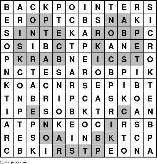 The grouppuzzles.com Answer grid for the Backpointers puzzle for 