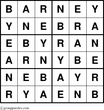The grouppuzzles.com Answer grid for the Barney puzzle for 