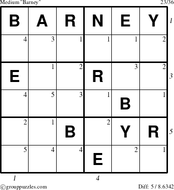 The grouppuzzles.com Medium Barney puzzle for  with all 5 steps marked