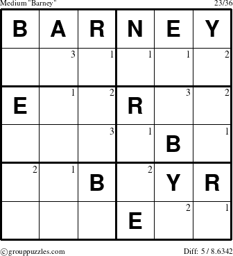 The grouppuzzles.com Medium Barney puzzle for  with the first 3 steps marked