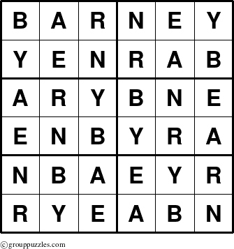 The grouppuzzles.com Answer grid for the Barney puzzle for 