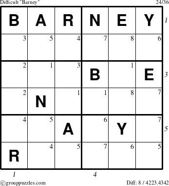 The grouppuzzles.com Difficult Barney puzzle for , suitable for printing, with all 8 steps marked