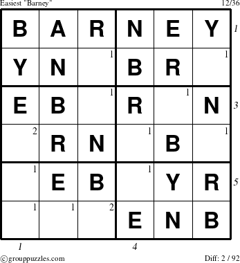 The grouppuzzles.com Easiest Barney puzzle for , suitable for printing, with all 2 steps marked