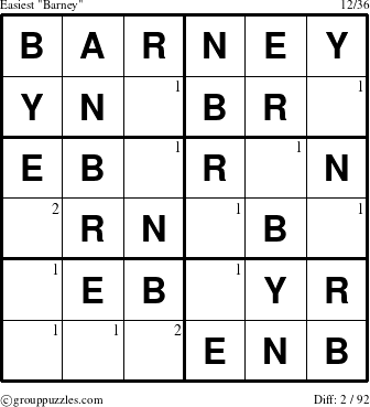 The grouppuzzles.com Easiest Barney puzzle for  with the first 2 steps marked