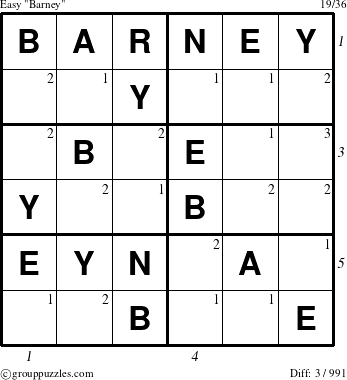 The grouppuzzles.com Easy Barney puzzle for  with all 3 steps marked