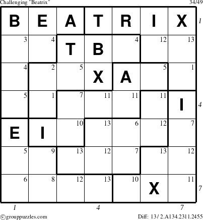 The grouppuzzles.com Challenging Beatrix puzzle for , suitable for printing, with all 13 steps marked