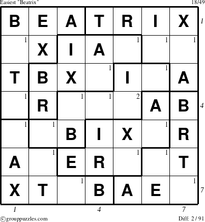 The grouppuzzles.com Easiest Beatrix puzzle for , suitable for printing, with all 2 steps marked