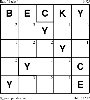 The grouppuzzles.com Easy Becky puzzle for  with the first 3 steps marked