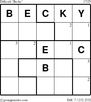 The grouppuzzles.com Difficult Becky puzzle for  with the first 3 steps marked