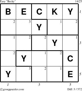 The grouppuzzles.com Easy Becky puzzle for  with all 3 steps marked