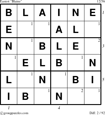 The grouppuzzles.com Easiest Blaine puzzle for , suitable for printing, with all 2 steps marked