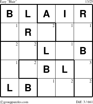 The grouppuzzles.com Easy Blair puzzle for  with the first 3 steps marked