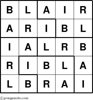 The grouppuzzles.com Answer grid for the Blair puzzle for 