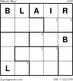 The grouppuzzles.com Difficult Blair puzzle for  with the first 3 steps marked