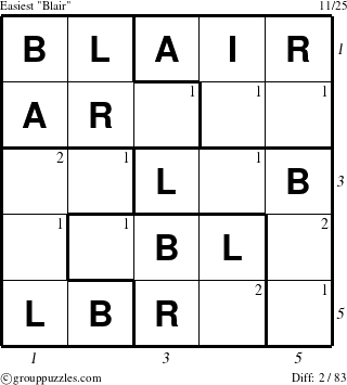 The grouppuzzles.com Easiest Blair puzzle for , suitable for printing, with all 2 steps marked