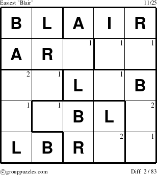 The grouppuzzles.com Easiest Blair puzzle for  with the first 2 steps marked