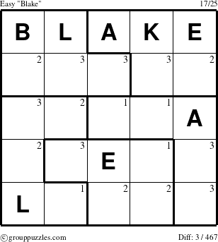 The grouppuzzles.com Easy Blake puzzle for  with the first 3 steps marked