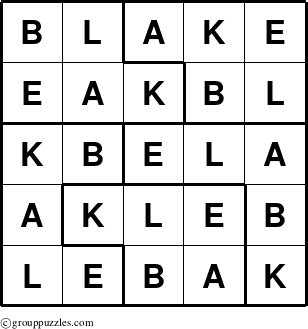 The grouppuzzles.com Answer grid for the Blake puzzle for 