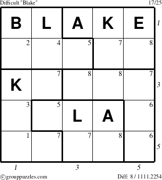The grouppuzzles.com Difficult Blake puzzle for  with all 8 steps marked