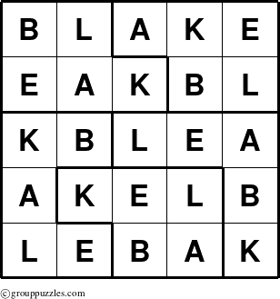 The grouppuzzles.com Answer grid for the Blake puzzle for 