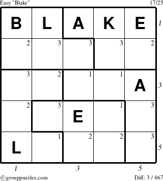 The grouppuzzles.com Easy Blake puzzle for , suitable for printing, with all 3 steps marked